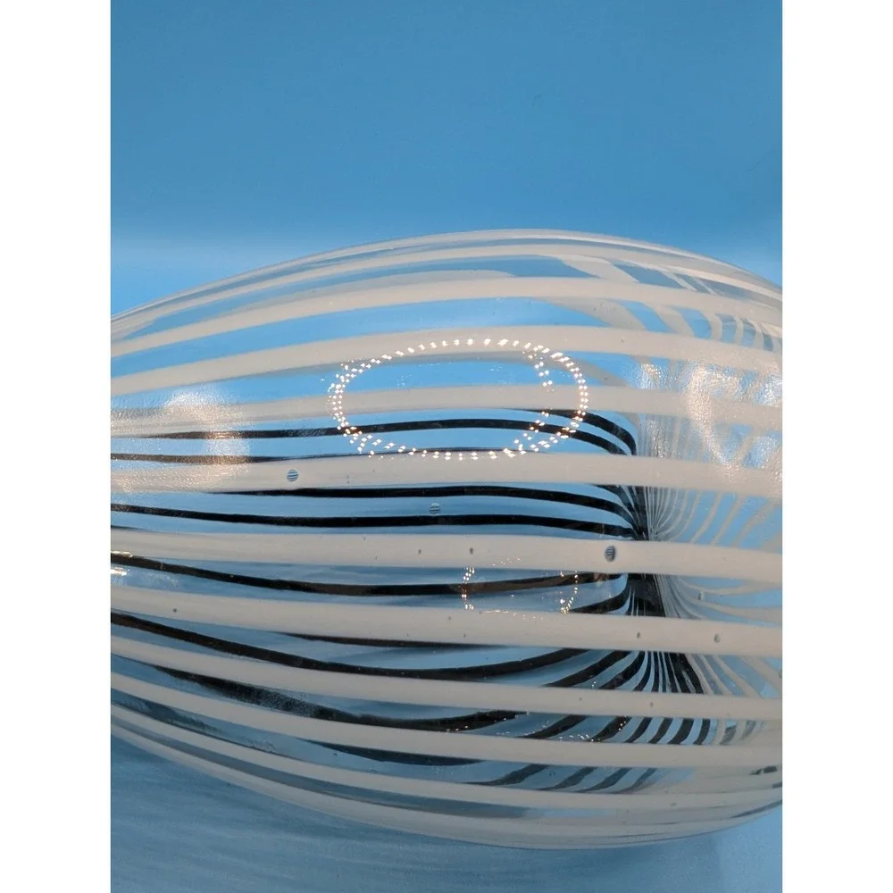 Hand Blown Art Glass Vase Black and White Striped Swirl Clear 10.5